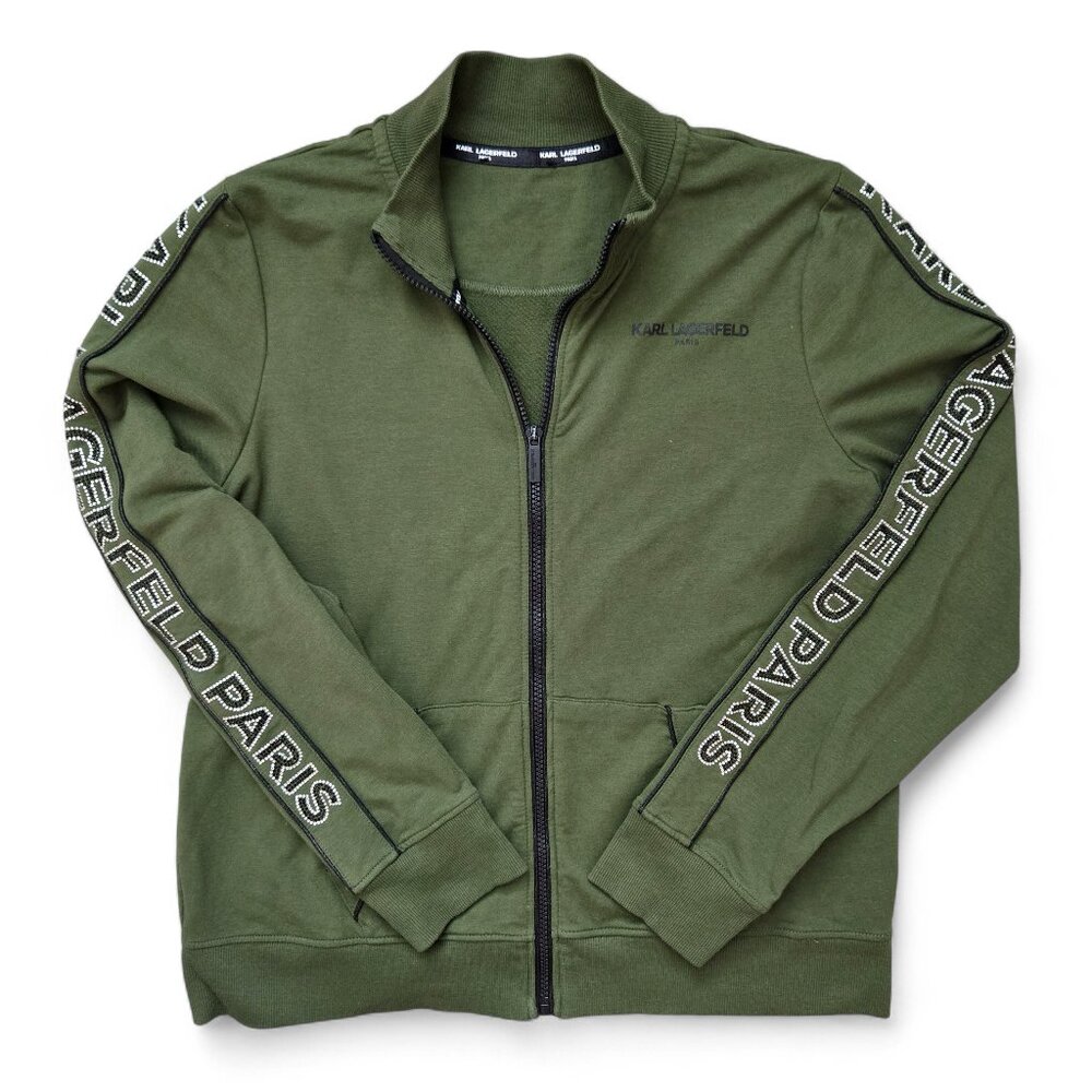 Karl Lagerfeld Paris Rhinestone Spell Out Track Jacket Women's Army Green Stud L